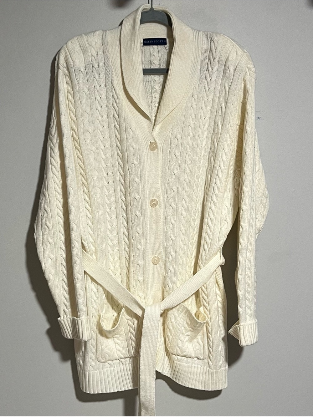 Karen Scott Ivory Cable Knit Shawl-Collar Belted Cardigan